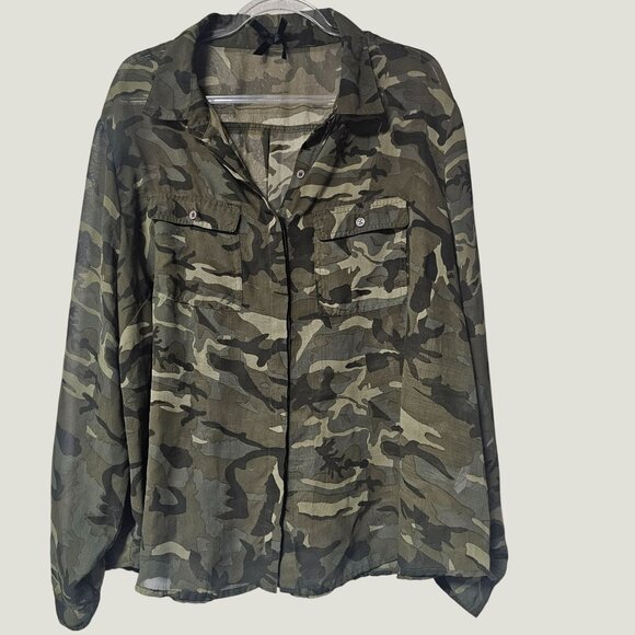 Women's Camouflage Camo Button Down Blouse Shirt Top Sheer Size 3X - Picture 1 of 6